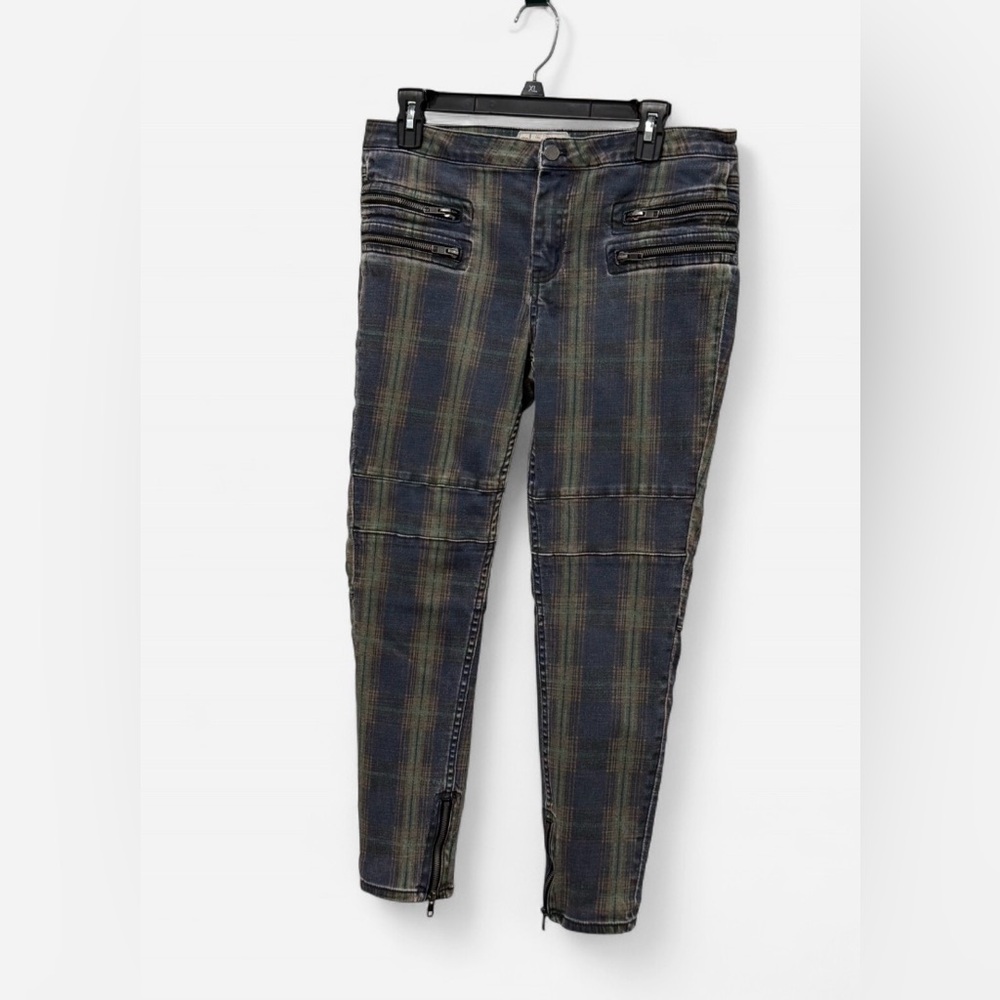 Free People Plaid Skinny Zip Hem Pants - Green & Navy size 31